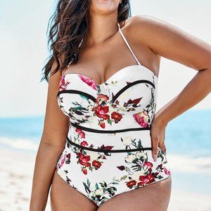 Floral V-neck One Piece Swimsuit - Multicolor